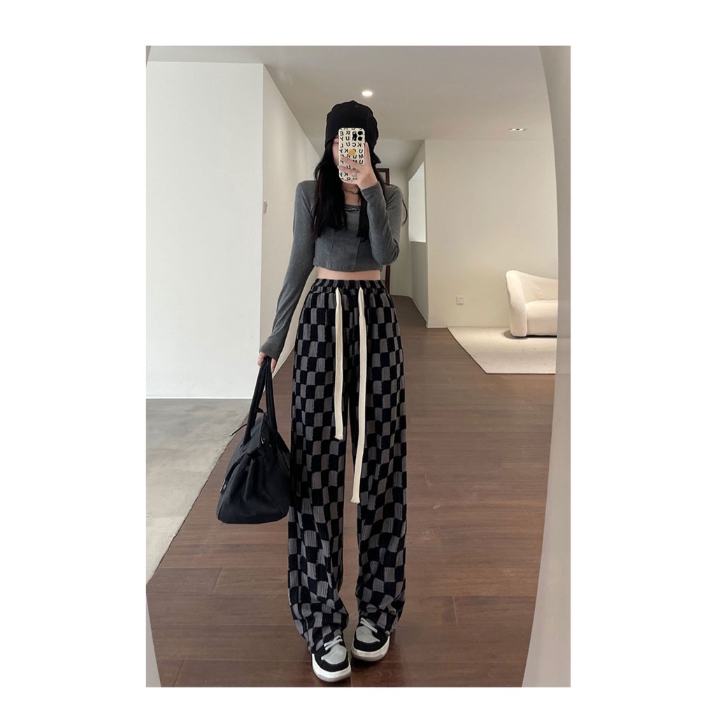 Quần Dài Ống Rộng Lưng Cao Họa Tiết Sọc Caro Trắng Đen Thời Trang Xuân Hè Cho Nữ