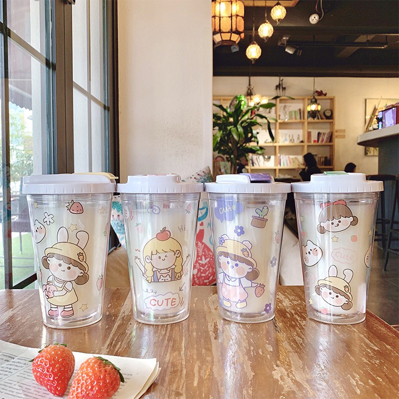 Cốc Nhựa 2 Lớp Uống Trà Sữa Kèm Ống Hút Trendy