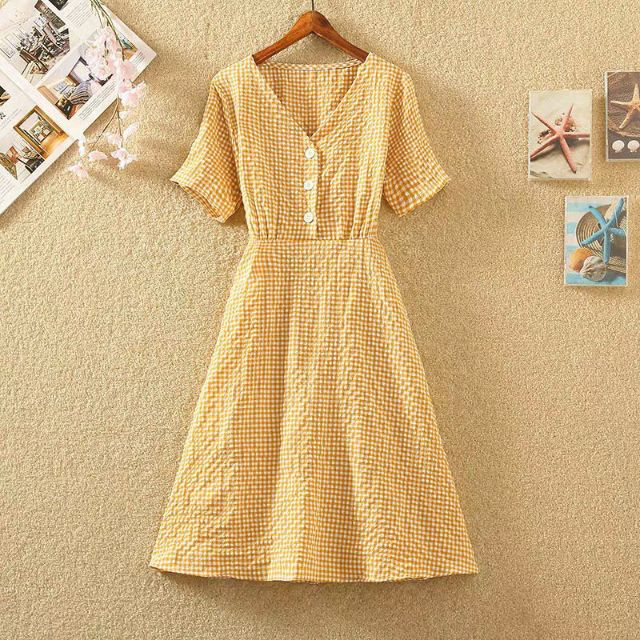 Đầm caro cổ V Quảng Châu (kèm hình thật)