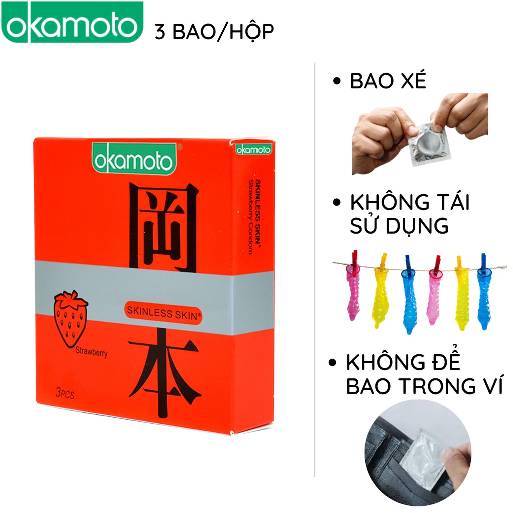 Bao cao su OKAMOTO Hương dâu Skinless skin 3 bao/hộp Strawberry trơn siêu mỏng chống tuột cao su tự nhiên Nhật Bản