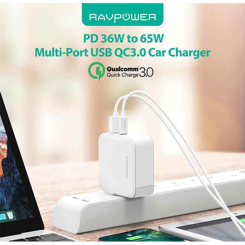 Củ Sạc RAVPower RP-PC080 36W iSmart, QC 3.0, USB Type C PD 18W  - Hàng Chính Hãng