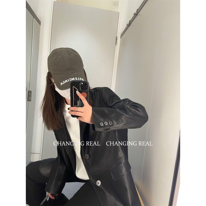 Áo Khoác Vest Da PU Cao Cấp Dáng Rộng Màu Đen Thời Trang Xuân Thu 2022 Cho Nữ