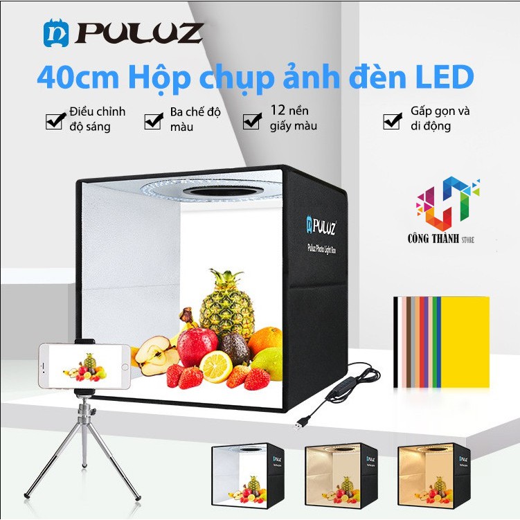 HỘP CHỤP ẢNH SẢN PHẨM 40x40Cm PULUZ có cửa mặt trước-BOX chụp gắn đèn LED-HÀNG CHÍNH HÃNG