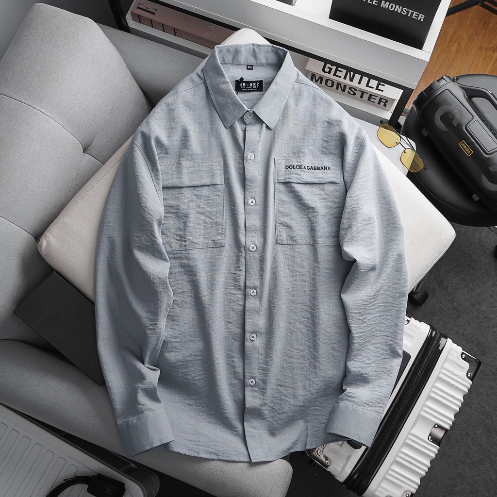 BIGSIZ - Áo sơ mi nam tay dài vải đũi túi giả thiêu chữ cách điệu form bigsize 80kg - 130kg