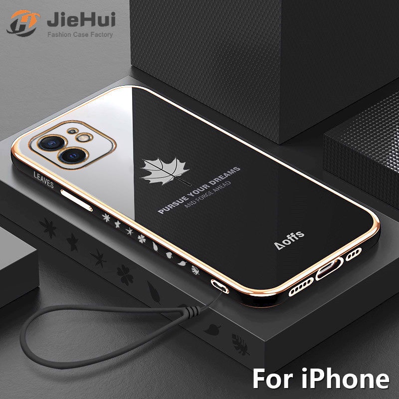 Ốp Điện Thoại TPU Mạ Chrome Hình Lá Phong + Dây Đeo Cho iPhone 6 6S 6 Plus 6S Plus 7 8 Plus X XS XR XS Max 11 Pro Max 12 Pro Max 13 Pro Max