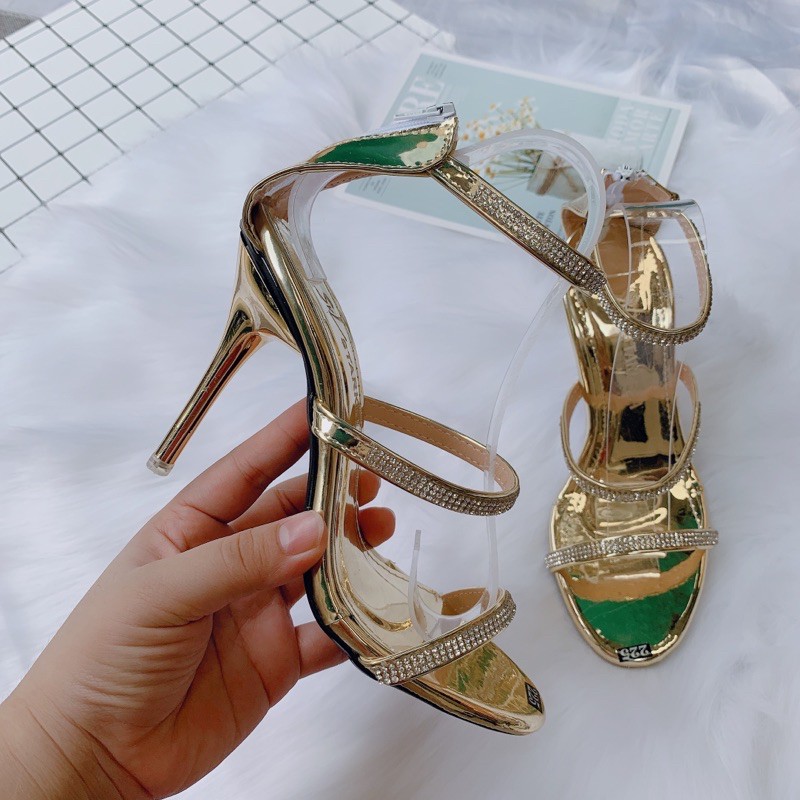 Freeship 50k I Giày sandal cao gót nữ gót khoá 3 quai đính đá gót nhọn 9p