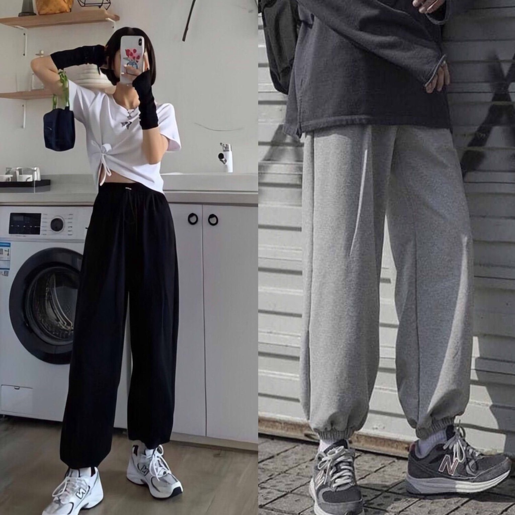 Q014 Quần jogger xám đen Ulzzang nam nữ hiphop, quần thể thao dài nỉ cạp chun mặc nhà, đi chơi ống rộng bo giá rẻ