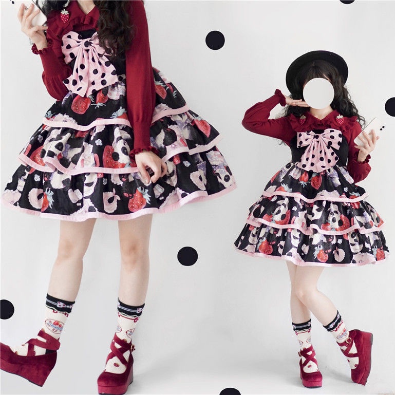 Đầm lolita Hai Dây Đính Nơ Họa Tiết Quả Dâu Thắt Nơ Dễ Thương