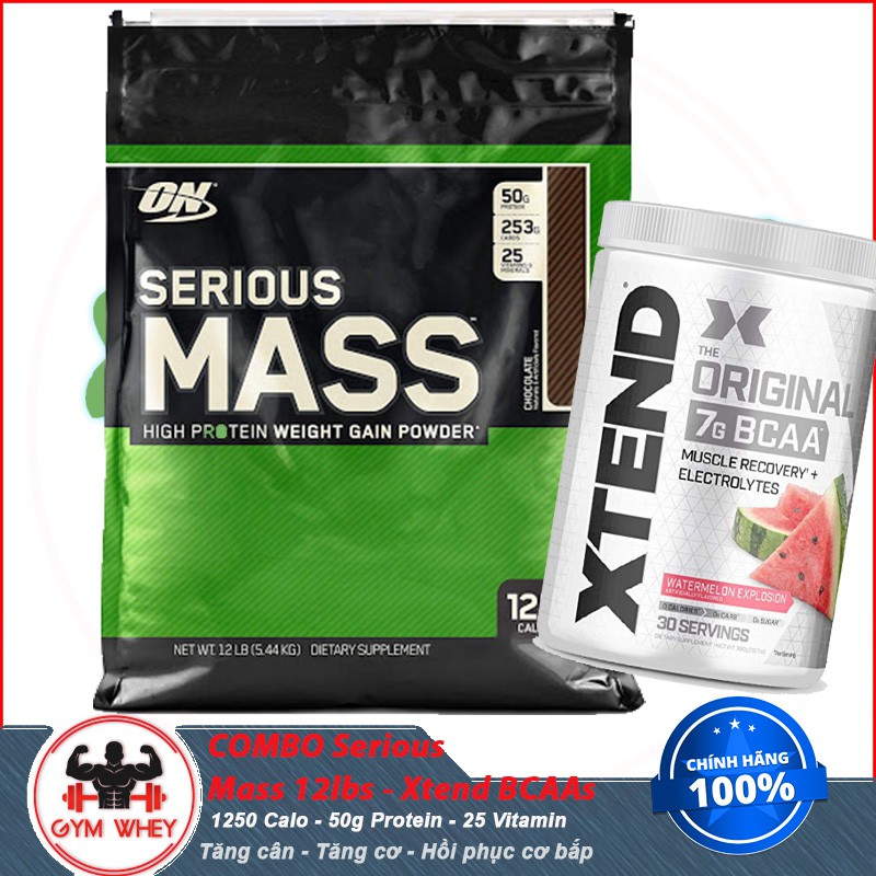 [COMBO] Tăng Cơ Bắp Tăng Cân An Toàn Hiệu Quả SERIOUS MASS 12lbs - XTEND BCAA 30 Servings - Từ Châu Âu