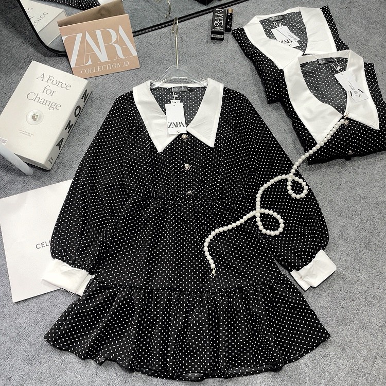 Váy chấm bi chiết eo dáng ngắn phong cách Âu Mỹ