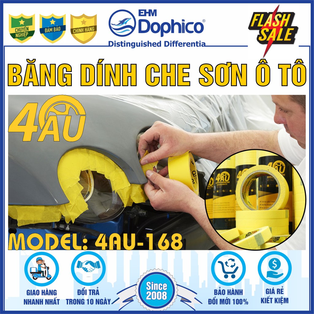 [01 cây] Băng dính giấy che sơn 4Au168 (Màu vàng) – Băng keo 4Au – Không để lại keo – Sơn ô tô