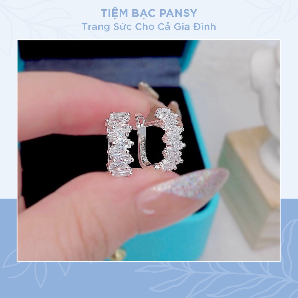 Bông tai bạc nữ PANSY, khuyên tròn nạm đá chốt cài cao cấp