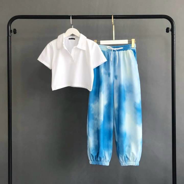 Sét đồ bộ áo cổ bẻ croptop phối quần loang màu bò sữa TTSLA0511