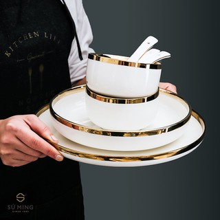 Bộ Bát Đĩa Sứ Màu Trắng [BẮC ÂU] [CAO CẤP] sang trọng, viền vàng 24k, nhiều màu sắc lựa chọn.