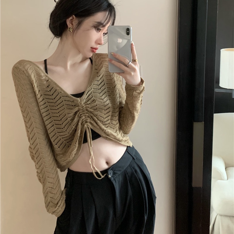 SUXI Áo Dệt Kim Tay Dài Cổ Chữ V Phối Dây Rút Màu Sắc Trơn Phong Cách Hàn Quốc Dành Cho Nữ