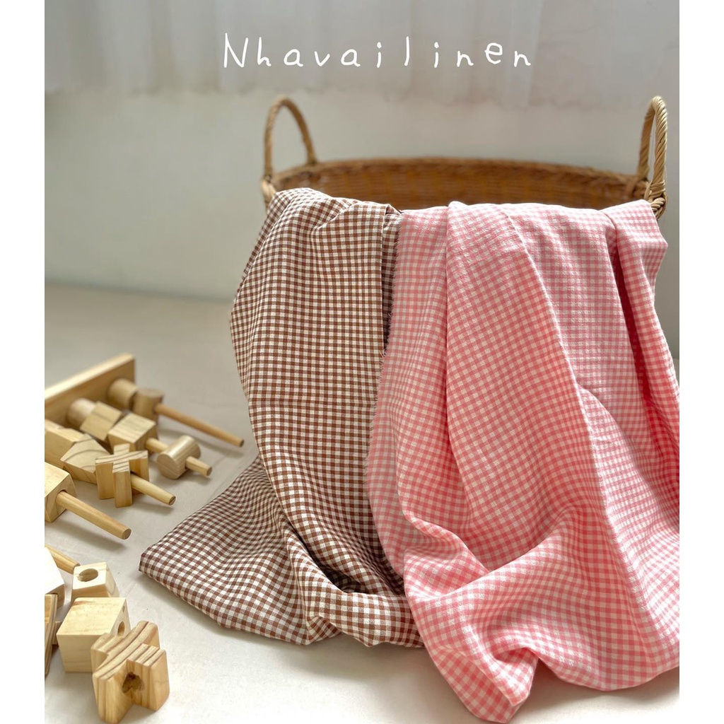 Vải caro nâu mềm - caro hồng Nhà Vải Linen