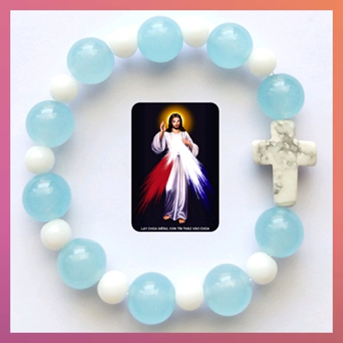 Chuỗi Mân Côi Aquamarine Xanh Biển Thánh Giá Đá