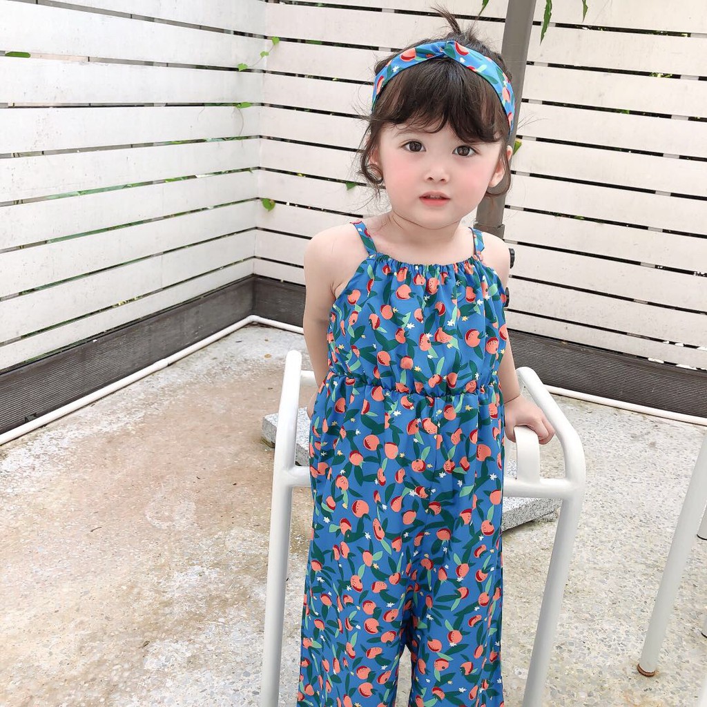 2021 Summer Korean Girl Floral Jumpsuit Children's Sling One-piece Send Headband