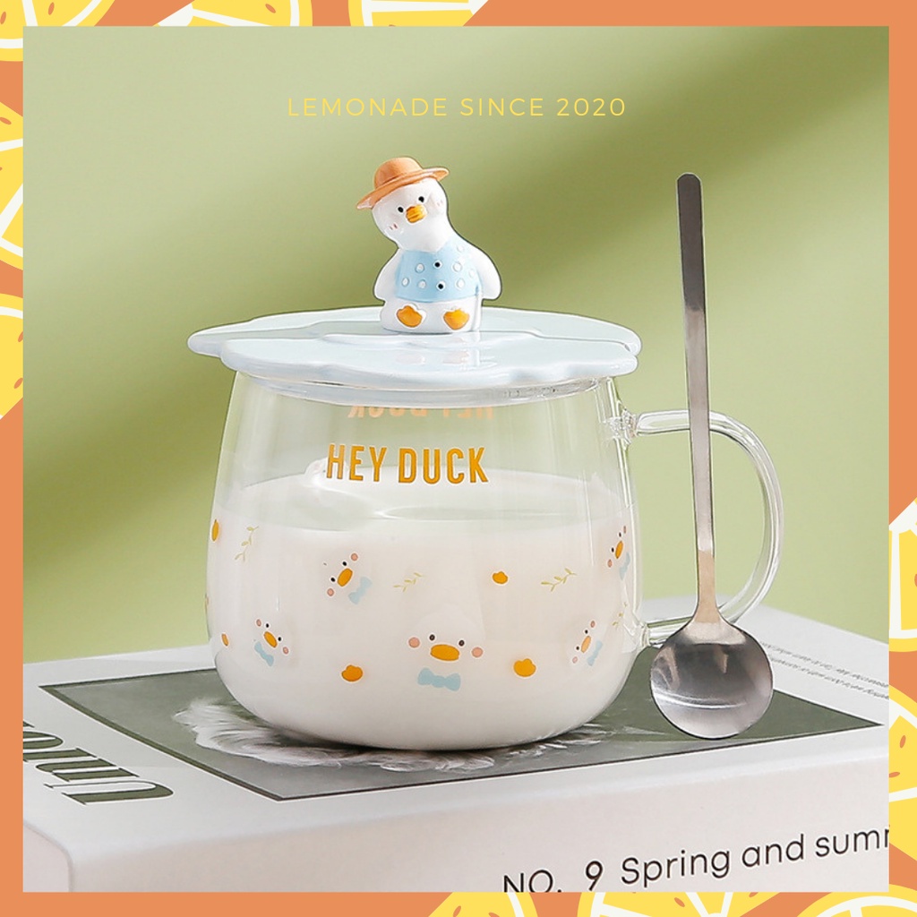 Cốc thủy tinh nắp sứ hình vịt nghiêng Hey Duck dễ thương kèm thìa