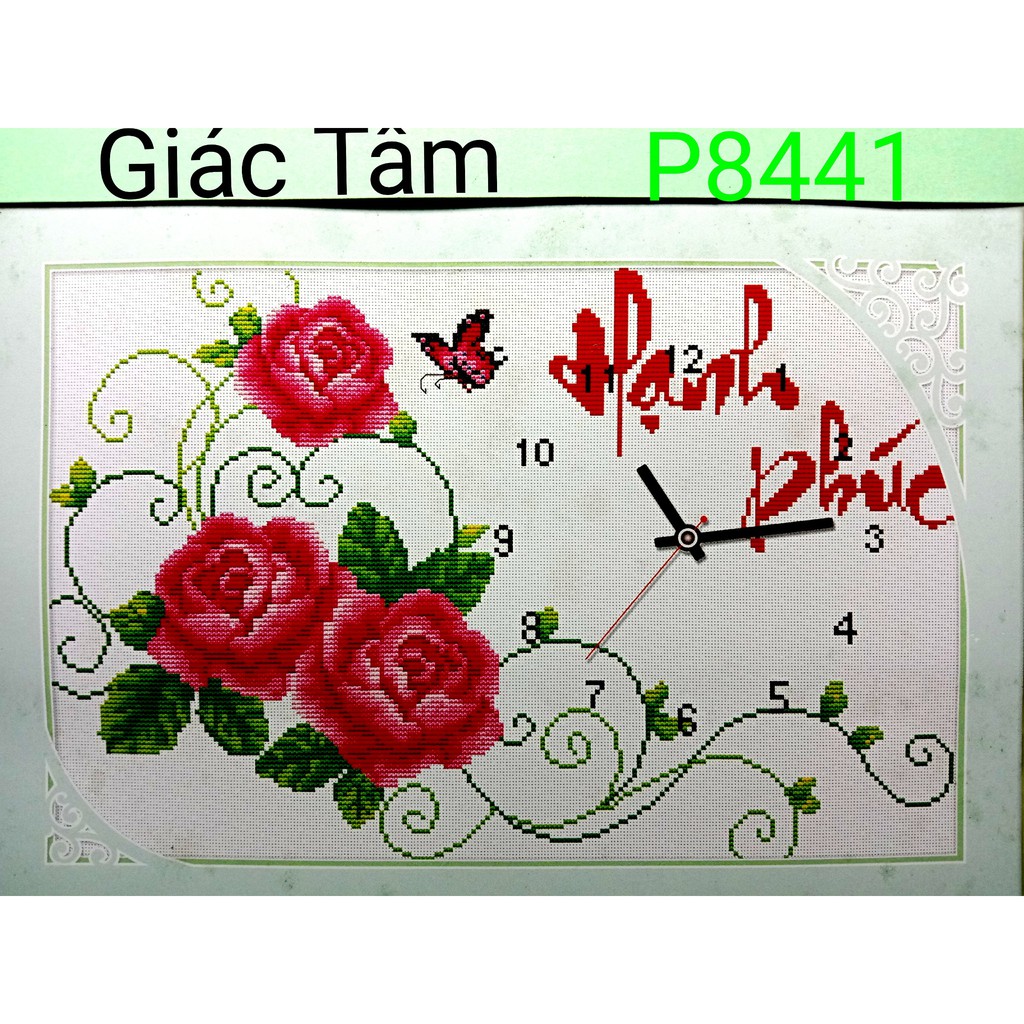 Tranh thêu HẠNH PHÚC - 54x38cm - P8441 - ĐỒNG HỒ CÂY BÔNG HOA HỒNG - tranh thêu chữ thập chưa thêu