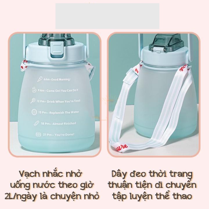 Bình đựng nước giữ nhiệt có vạch chia giờ uống nước, ông hút và dây đeo 1400ml