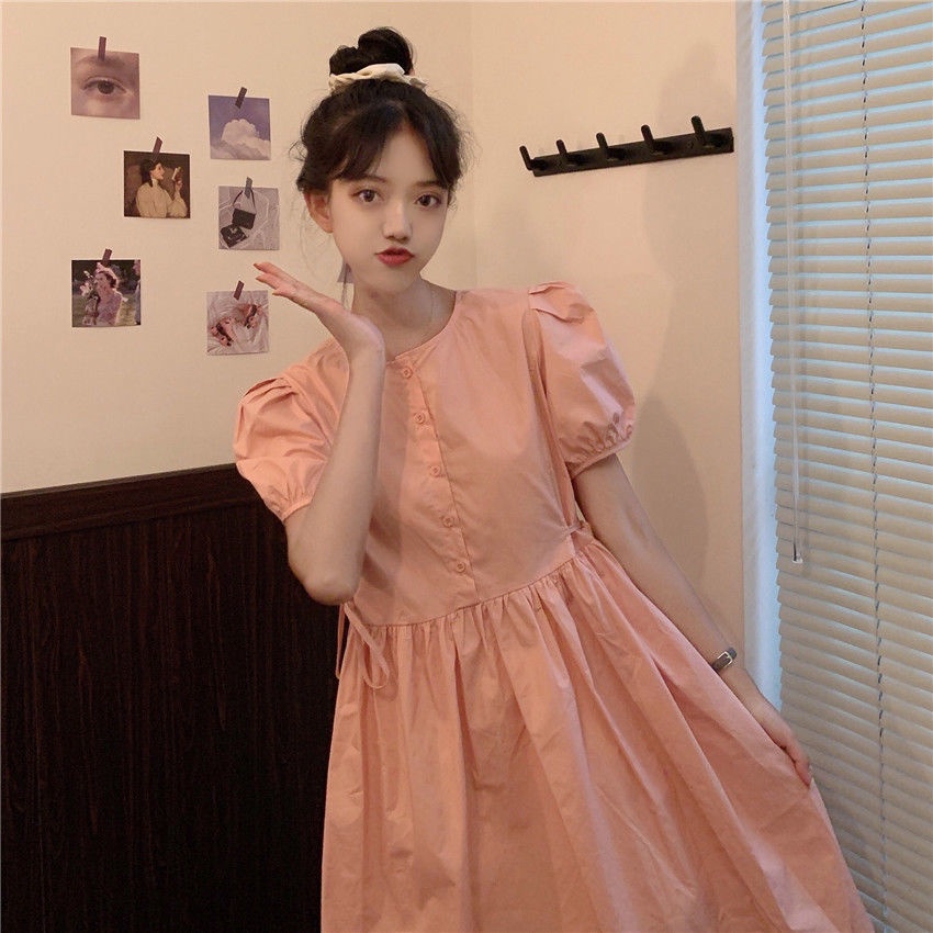 Đầm Chữ A Tay Ngắn Cổ Tròn Màu Trơn Phong Cách Preppy Dễ Thương Thời Trang Mới Cho Nữ