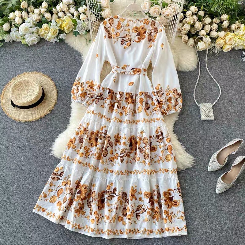 (Ảnh thật)(sẵn) Váy đầm maxi boho thổ cẩm dáng dài vintage cổ V thắt eo hoạ tiết hoa vàng đi du lịch đi chơi đi biển