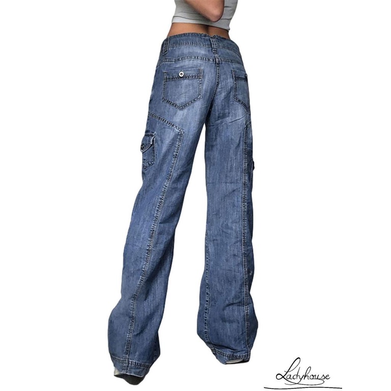 Quần Jean Ống Rộng Lưng Cao Màu Trơn Có Túi Size S/M/L Dành Cho Nữ