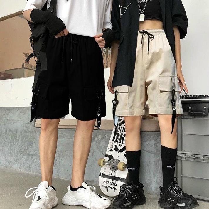 Quần short túi hộp nam nữ unisex vải kaki co giãn phối dây
