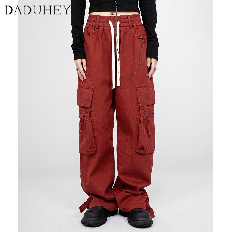 DaDuHey Men's and Women's 2022 Autumn Trend Multi-Pocket Cargo Pants Fashion Brand Red and Black Couple Loose Casual Pants