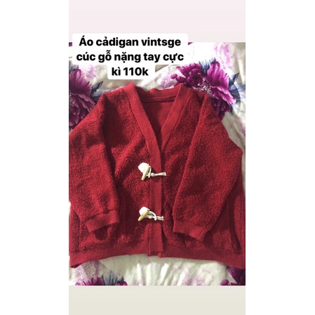 Cardigan vintage cúc gỗ đỏ đô