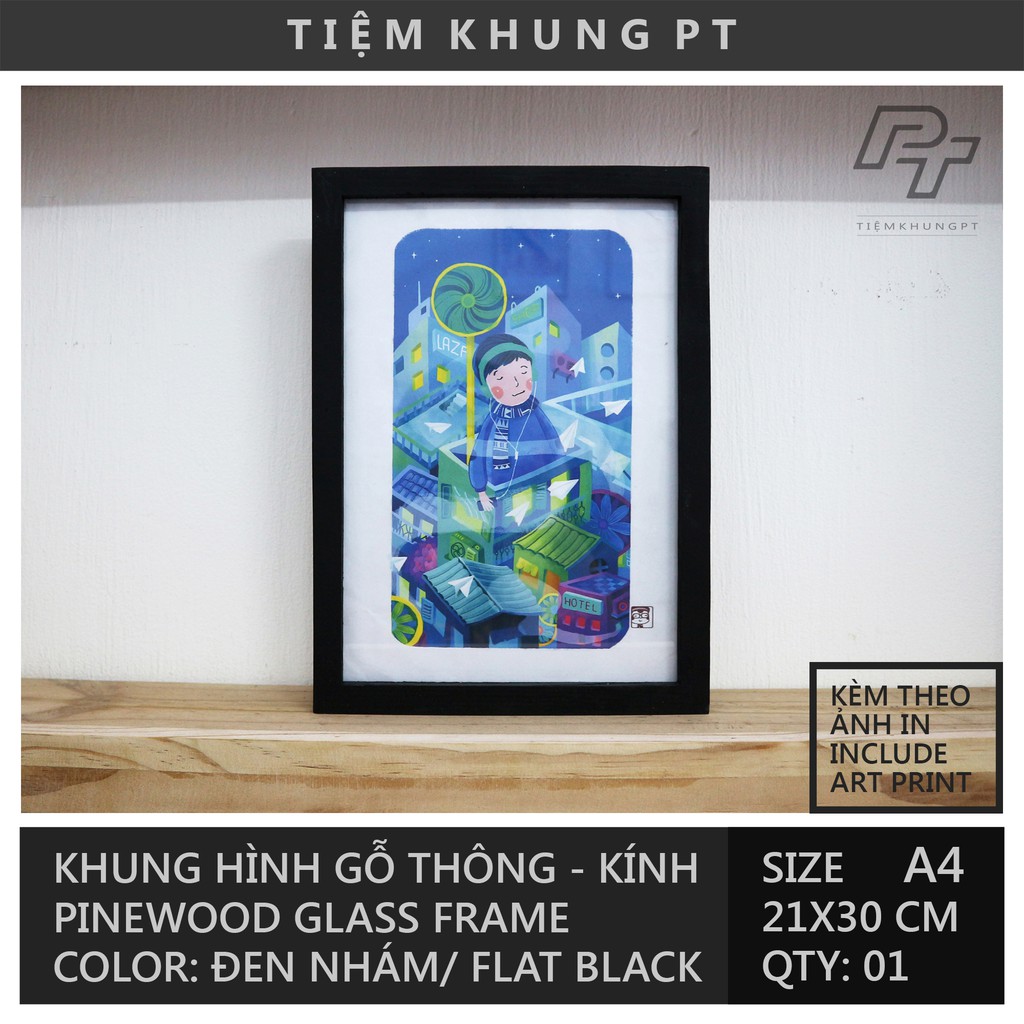 Khung ảnh A4 21x30 Đen nhám + Artprint Dreamboy - Khung hình gỗ thông mặt kính treo tường - Picture Frames Tiệm Khung PT