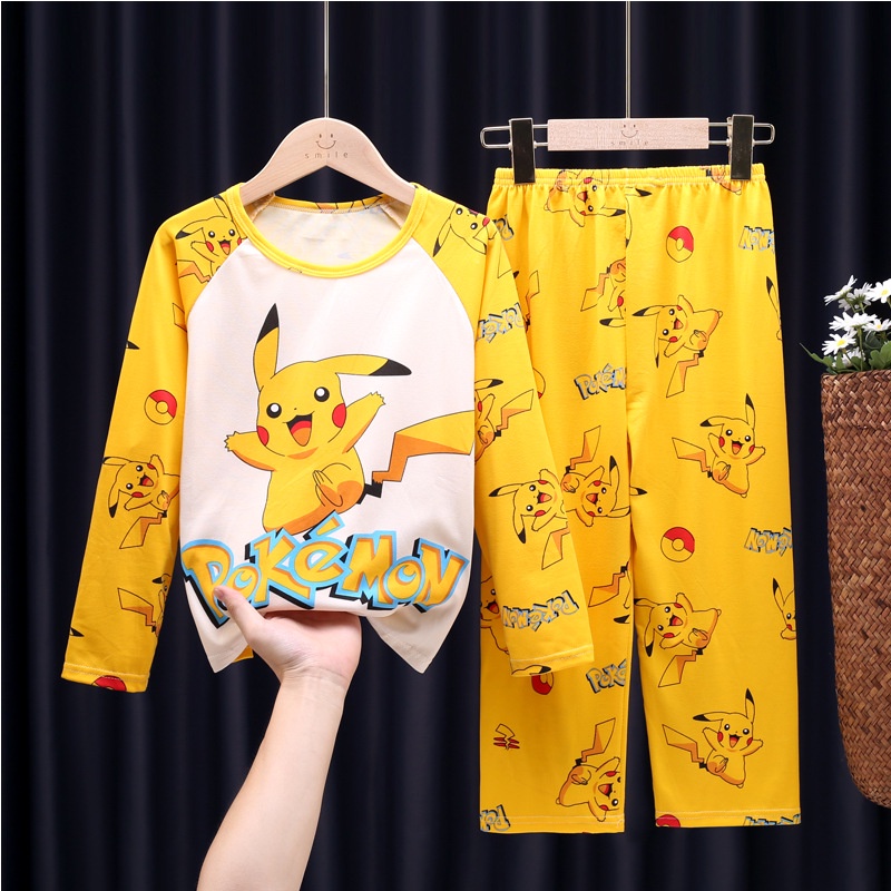 Bộ Đồ Ngủ Tay Dài In Hoạt Hình Pokemon Pikachu Dễ Thương Thời Trang Xuân Thu Cho Bé