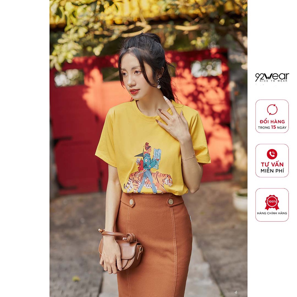 Áo phông nữ ngắn tay cổ tròn in hình hổ du xuân 92WEAR, hottrend 2022, thoáng mát, không bai dão ATA2257