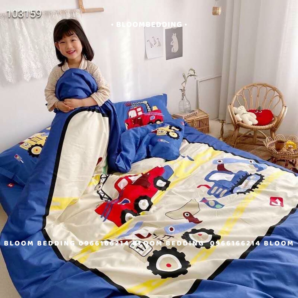 Set Chăn Ga Gối Cotton Living / Cotton 100% Cho Bé - Xe máy xúc, cần cẩu (Hàng loại 1)