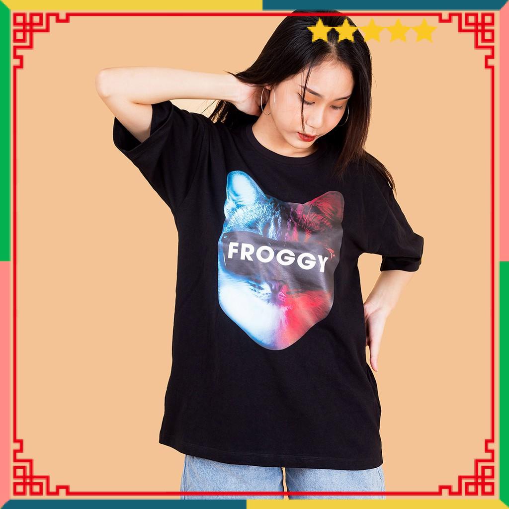 Áo thun tay lỡ FROGGY phông unisex nam nữ cotton oversize form rộng rất dễ phối đồ in hình MÈO vào ba đeo kính siêu ngầu