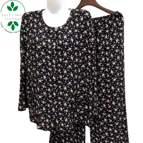 Bộ Lanh Nhung Hoa Dài Tay Thu Đông Trung Niên Cho Các Bà Các Mẹ