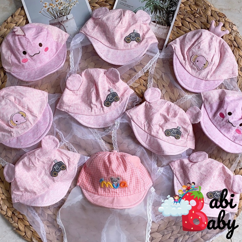 Mũ cho bé sơ sinh BABI BABY đẹp có khăn voan che mặt nón chống dịch chống bụi cho trẻ đi tiêm phòng an toàn