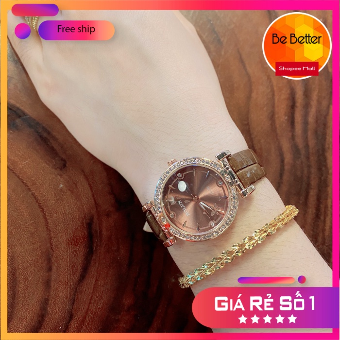 Đồng hồ  Nữ ❤️Bolun❤️ dây da mặt vuông đính hạt sang trọng rẻ nhất HCM