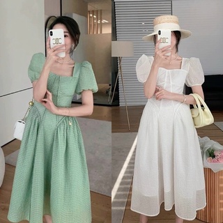 Đầm váy dài xốp xanh/trắng tay con bồng/phồng, thời trang nữ kín đáo dễ thương nhẹ nhàng thanh lịch đi chơi/làm dạo phố