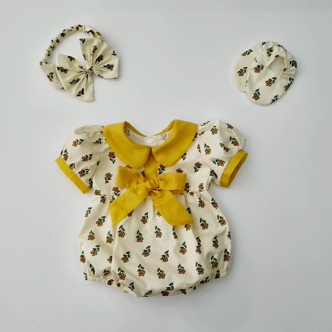 Set Body Váy Cánh Tiên Họa Tiết Hoa Cúc Vàng Kèm Nón, Vớ Cho Bé Yêu , Bodysuit Cho Bé Sơ Sinh - Đũi Tơ Siêu Mát