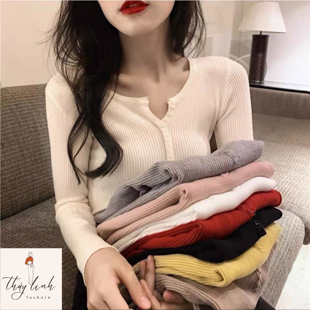 Áo len nữ dài tay phối cúc phong cách Hàn Quốc - Áo len dài tay nữ cổ chữ V đóng cúc freesize
