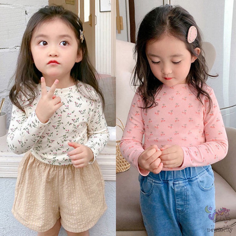 Áo kiểu tay dài cổ tròn in họa tiết hoa thời trang mùa thu phong cách Hàn Quốc cho bé gái