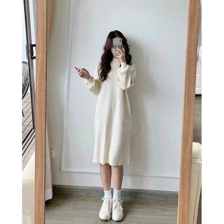 Váy dáng suông dài tay bo chun chất len tăm mịn cổ cao, Đầm nữ dài cổ tròn mùa thu đông 3 màu - Trabinhshop