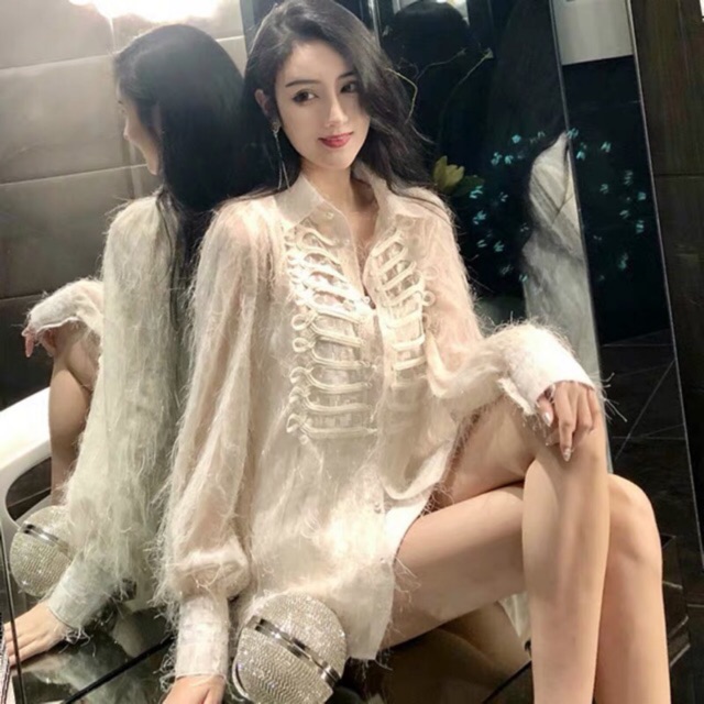 ÁO SƠ MI Kim sa Voan phối LƯỚI tặng kèm  áo bra HOT HIT QUẢNG CHÂU MÃ 869wm
