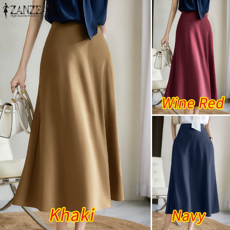 ZANZEA Chân Váy Dài Vải Satin Lưng Cao Co Giãn Thời Trang Cho Nữ