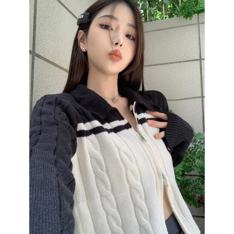 Áo cardigan dệt kim ZHELIHANGFEI tay dài eo cao dáng ôm phối khóa kéo cho nữ