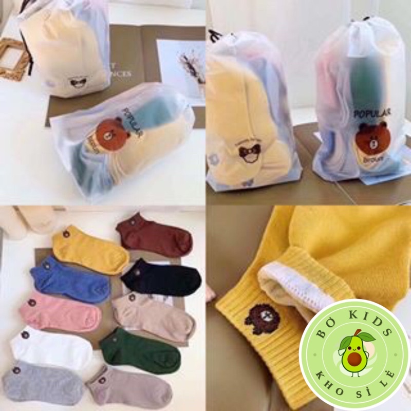 Combo 10 đôi tất gấu cổ ngắn họa tiết Brown tặng kèm túi đựng