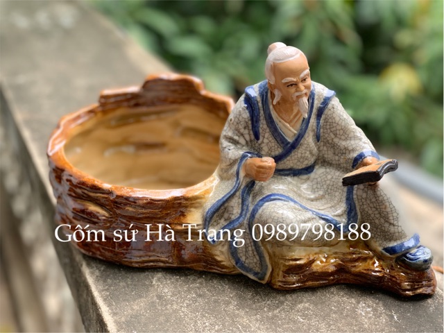 Tượng trồng cây bonsai Khổng Tử đọc sách gốm sứ Bát Tràng cao cấp