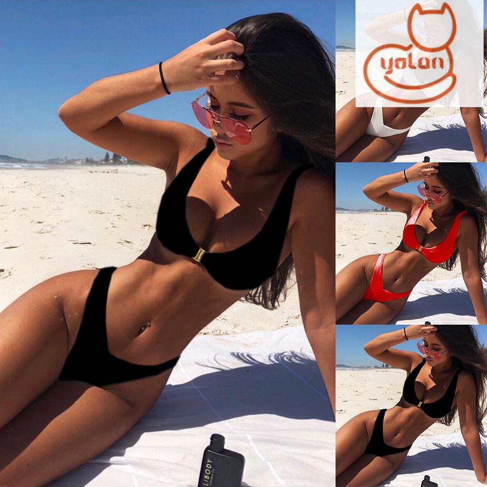 Bộ Đồ Bơi Bikini Hai Mảnh Màu Trơn Quần Lọt Khe Chữ V Lưng Thấp Nâng Ngực Phong Cách Brazil Thời Trang Mùa Hè Cho Nữ